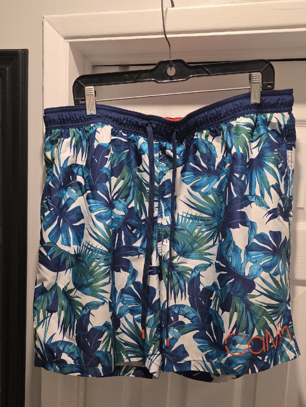 Calvin Klein Blue and Green Tropical Leaf Swim Trunks